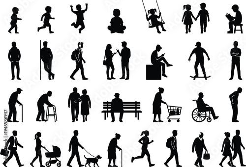 Vector silhouette set of people in all life stages including playing children, teenagers, business professionals, senior citizens with walkers, 