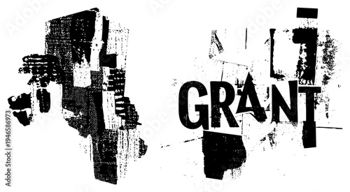 Distressed typography spelling "GRANT" with fragmented brush strokes, urban stencil aesthetic, bold lettering, gritty texture, graphic.