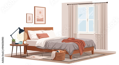 Cozy and inviting bedroom interior illustration with modern furniture and warm natural light. A tranquil space for relaxation and comfort, perfectly