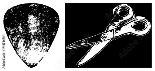Music pick and scissors rendered in halftone style, vector graphic with textured shading, isolated cutout design, musical instrument accessory, precision cutting tool.