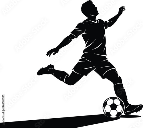 Vector soccer player silhouette illustration kicking a football with dynamic shadow for sports competition team branding football tournament posters and athletic training design projects.