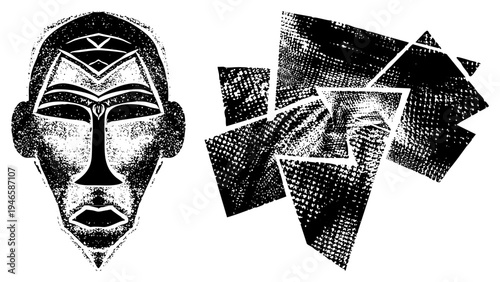 Stylized tribal mask with geometric, halftone texture, abstract face, vector art, black and white graphic, cultural motif, isolated design.