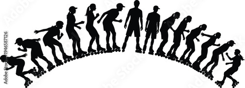roller skating sequence silhouettes showing movement progression inline skater action sport people skating poses black silhouette isolated vector illustration