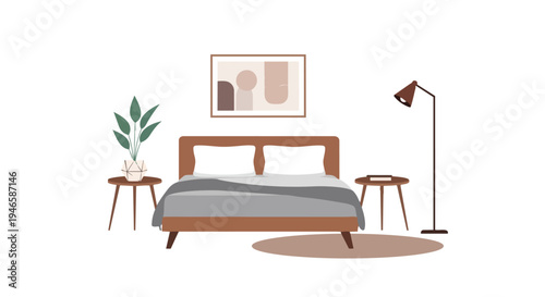 A tranquil minimalist bedroom interior scene featuring a cozy bed, stylish side tables, a refreshing plant, abstract wall art, and an elegant floor