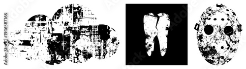 Distressed graphic masks, horror themed headgear, cracked tooth, stylized symbols, vector art, gritty texture, isolated elements.