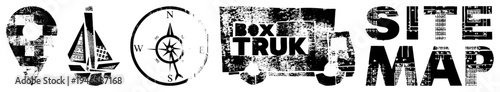 Weathered black and white for location, sailboat, compass, box truck, and site map text distressed vector graphics for digital interfaces or print design.