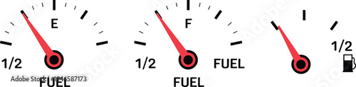 Fuel gauge indicator set showing empty half and full levels dashboard meter icon collection automotive petrol tank measurement vector