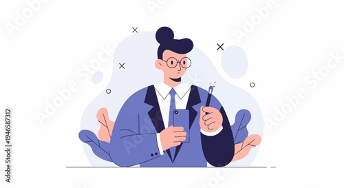 A person in a blue suit with glasses holds a phone and a stylus