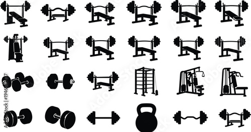 Gym weightlifting equipment silhouettes set barbell dumbbell kettlebell bench press and workout machines vector illustration for fitness training design