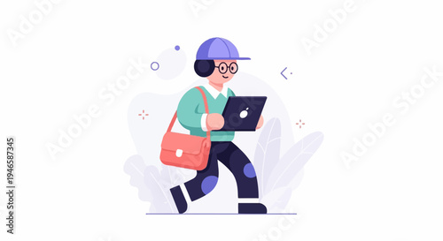 A person in a cap and glasses carries a laptop and a satchel while walking