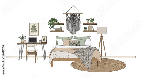 Cozy minimalist bedroom with desk and bohemian decor, featuring plants and warm tones