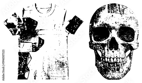 Graphic tee with abstract distressed, skull motif, punk style apparel, black and white halftone print, fashion piece.