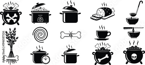 witch cauldron and magic potion cooking icons set, spooky soup pot skull bone Halloween kitchen vector illustration