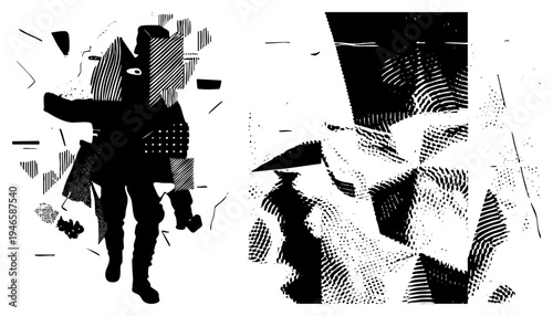 Stylized human form in silhouette, fragmented with halftone and geometric, graphic art, vector illustration, bold contrast, abstract composition.