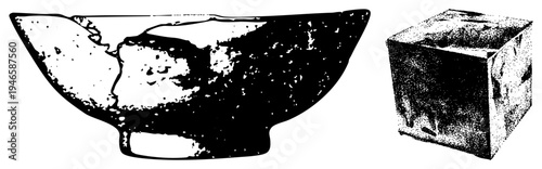 Fragmented ceramic bowl with chipped rim, textured glaze, ancient artifact, relic, archaeological find, historical vessel, cultural remains.