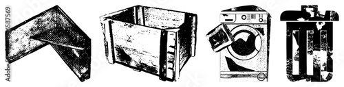 Vintage wooden crate with worn texture, metal L bracket, front loading washing machine, trash can with lid, all in halftone vector style, isolated foreground elements.