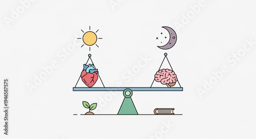 Balance between heart and brain on a scale with sun and moon.