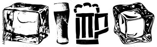 Stylized ice cubes and beer mug, halftone texture, graphic design elements, beverage, bar drink symbols, vector art.