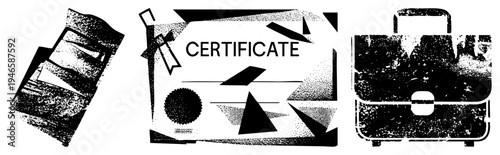 Retro styled certificate with ribbon and seal, vintage briefcase, stacked bookset, halftone texture, graphic, professional achievement symbols.