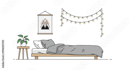 Serene bedroom sanctuary with contemporary design elements and glowing festive illumination