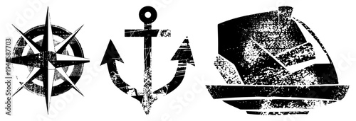 Vintage maritime including compass rose, anchor emblem, and sailboat silhouette, distressed black vector graphics, nautical theme, sea navigation elements.