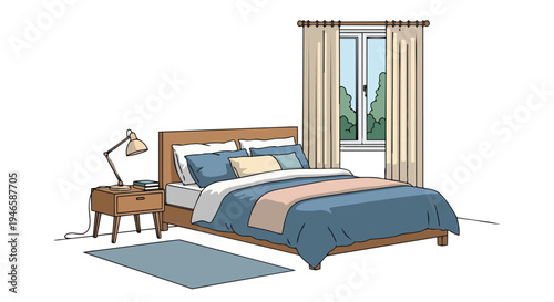 Digital artwork of a modern bedroom scene, showcasing a comfortable bed, blue bedding, wooden nightstand, desk lamp, and window with curtains,