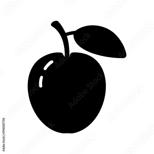 Stylized black silhouette of a juicy apple with stem and leaf