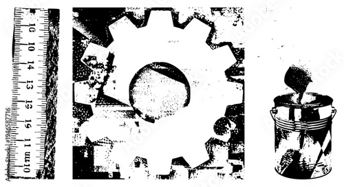 Industrial gear cogwheel, measuring ruler, paint bucket, halftone texture, mechanical, vector illustration, machinery elements, engineering design.