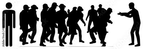 Group of walking figures in silhouette, pedestrian flow, urban crowd, people moving forward, crowd movement, street scene, human traffic.