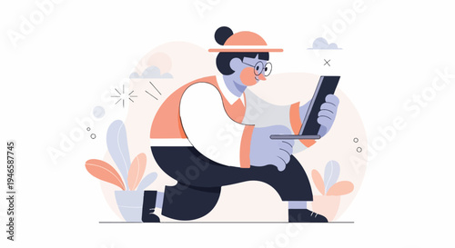 A person in a hat and glasses is working on a laptop in a stylized setting