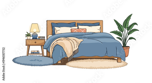 A serene and inviting bedroom interior scene featuring a comfortable bed adorned with soft blue bedding and a cozy throw blanket, complemented by a