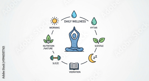 Daily wellness circle with yoga meditation and healthy lifestyle icons.