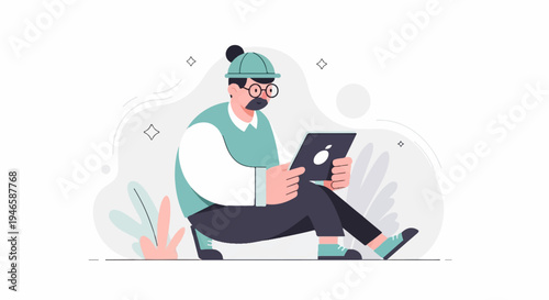 A person in a hat and glasses sits holding a tablet with a white apple logo