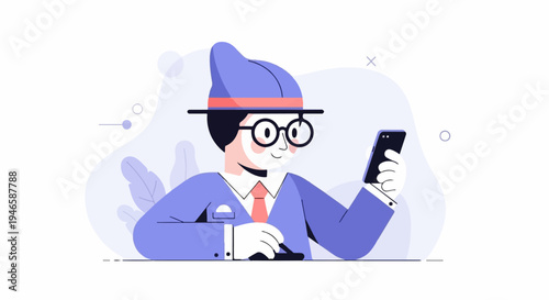 A person in a hat and glasses uses a smartphone and stylus for creative work