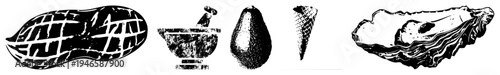 vector illustrations of food items peanut, mortar pestle, avocado, ice cream cone, oyster. Flat design, isolated, cutout, rgba.