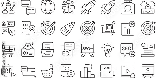 Collection of flat design vector icons representing various technology business and communication concepts