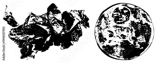 Torn paper texture alongside circular coin with embossed design, vintage illustration, black and white halftone style, graphic design element.