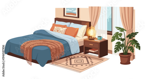 A calming bedroom interior displaying a comfortable bed with soft fabrics, a warm glowing lamp on a wood nightstand, and a lush green plant near the