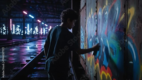 One person spray painting graffiti on train car at night, urban art concept