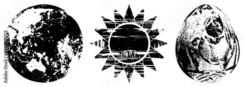 Stylized globe, radiant sun, textured moon each rendered in distressed halftone, ideal for eco, celestial, or retro design projects.