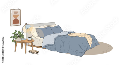 A tranquil and inviting bedroom space rendered in a calming minimalist style, perfect for unwinding and peaceful rest, featuring soft textures and