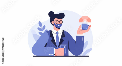 A man in a suit holds a cup and a phone, with plants in background