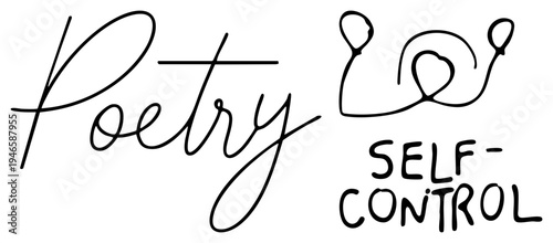 Artistic calligraphic word "Poetry" paired with whimsical snail glyph and block style "SELF CONTROL" text, minimalist design for motivational or literary branding.