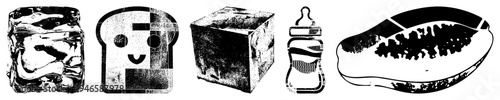 Graphic illustrations of ice, toast, cube, bottle, papaya with halftone shading, vector art, design, food, stylized objects.