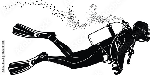 Scuba diver underwater illustration with oxygen tank and fins, deep sea diving sport silhouette vector isolated on white background