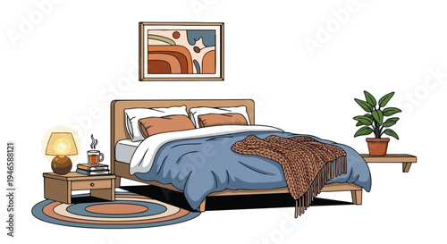 A charmingly illustrated and cozy bedroom interior, featuring a comfortable bed with soft linens, a warm knitted blanket, a glowing lamp, books, and
