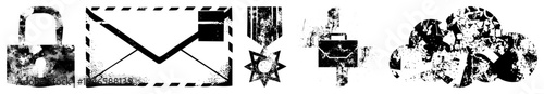 Distressed vector symbols for lock, envelope, medal, briefcase, cloud abstract digital, halftone texture, design, isolated elements.