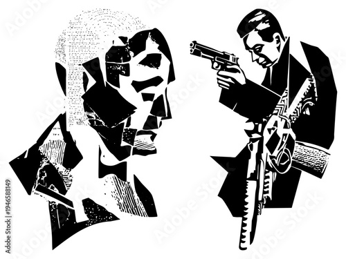 Graphic depiction of two men facing off, one holding a handgun, stylized halftone and geometric shapes, noir inspired vector art, isolated figures, dramatic tension.