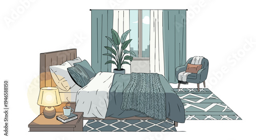 Illustrated modern bedroom with cozy accents a comfortable bed and natural light through the window