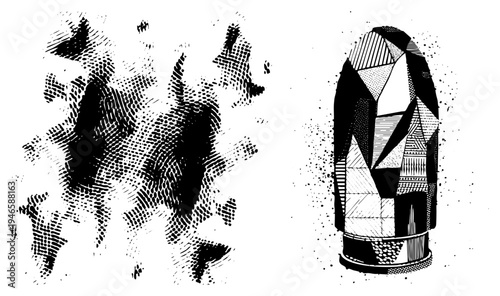 Vector graphic of stylized bullet with geometric facets and halftone explosion, isolated black and white art, graphic design element, punk aesthetic, ink splash texture.